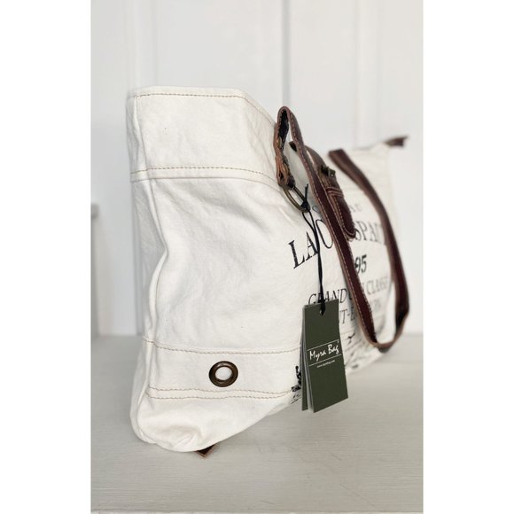 Myra Upcycled Canvas and Leather Vintage Style Tote Bag - Picture 5 of 11